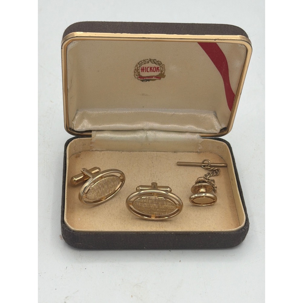 Vintage Hickok Cufflinks & Tie Tack Set Mid-Century MCM Gold Tone Textured Boxed